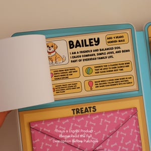 May include: A digital product featuring a dog named Bailey. The image includes a cartoon illustration of Bailey, along with text describing his age, gender, personality, favorite toy, and treats. The bottom of the image reads "Treats."