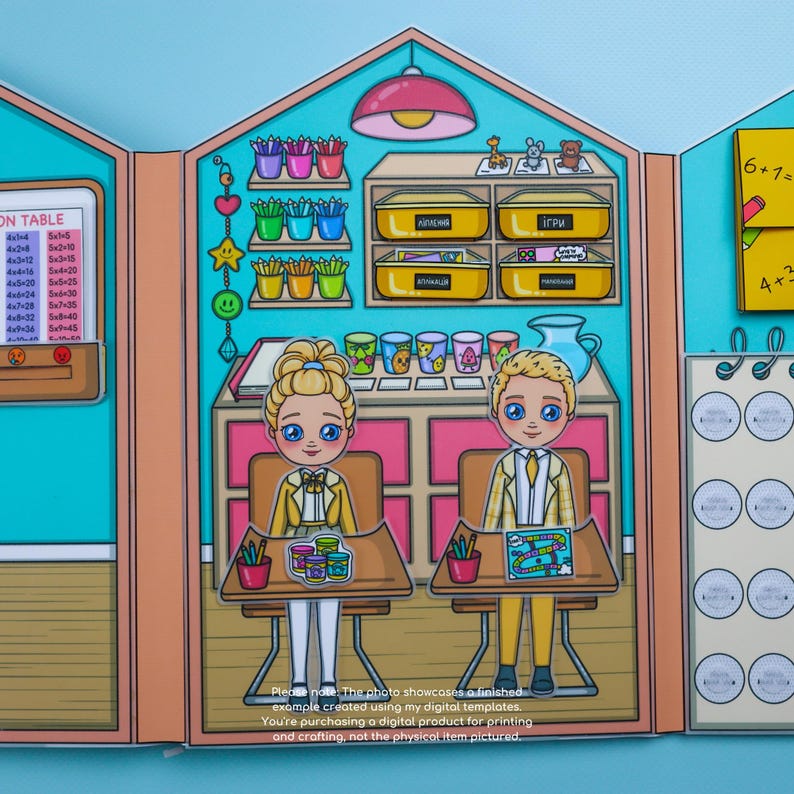 May include: A colorful paper doll school scene with two students at desks. The classroom features shelves with supplies, a multiplication table, and math problems. The image includes text that reads "Please note: The photo showcases a finished example created using my digital templates."