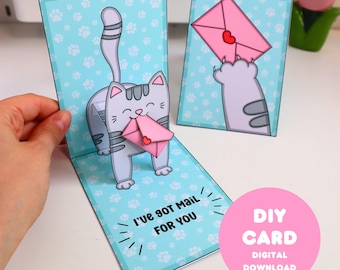 Modello di biglietto pop-up stampabile | Biglietto fai da te con gatto | Regalo stampabile carino | Kit per biglietto fai da te | Regalo digitale scaricabile | Modello Canva modificabile