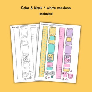 May include: Two sheets of paper with watch-themed illustrations, one in color and one in black and white. The color version features yellow, pink, and teal elements, including watch faces displaying times like 4:15 and 5:45, and the text "Color & black + white versions included."