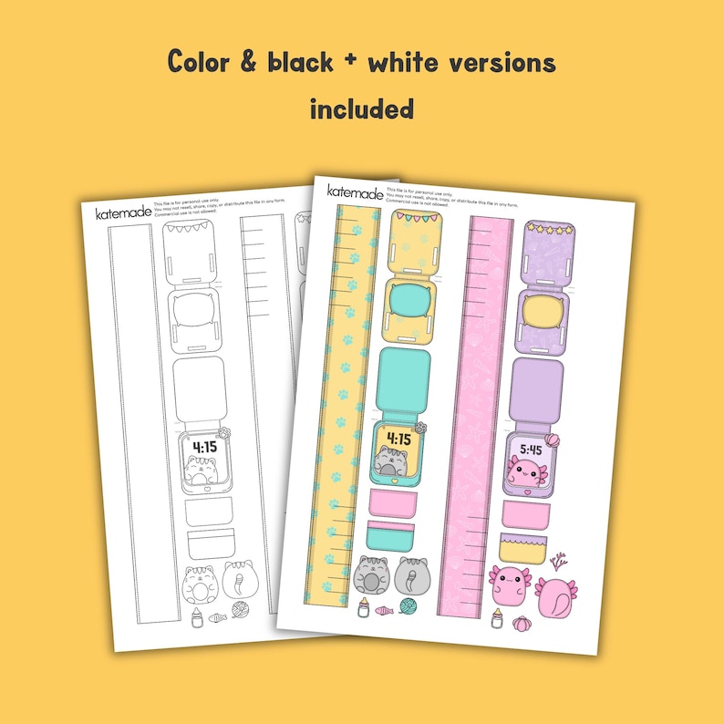 May include: Two sheets of paper with watch-themed illustrations, one in color and one in black and white. The color version features yellow, pink, and teal elements, including watch faces displaying times like 4:15 and 5:45, and the text "Color & black + white versions included."