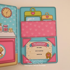 May include: A colorful pet adoption certificate with a pink and blue design. The certificate includes spaces for the pet's name, adoption date, and adopter's information. The image also features a clock, luggage, and text that reads "This is a Digital Product - Please Read the Full Description Before Purchase."