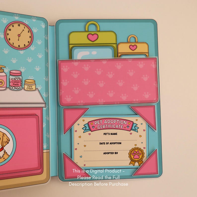 May include: A colorful pet adoption certificate with a pink and blue design. The certificate includes spaces for the pet's name, adoption date, and adopter's information. The image also features a clock, luggage, and text that reads "This is a Digital Product - Please Read the Full Description Before Purchase."