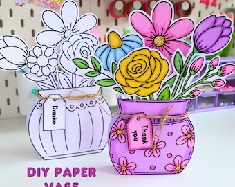 Printbaar sjabloon voor een papieren bloemenvaas, kleur je eigen bloemenboeket, cadeau voor de juf of meester, knutselwerkje voor Moederdag, doe-het-zelf papieren bloemen (PDF)