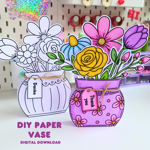 Paper Flower Vase Craft Printable, Color Your Own Flower Bouquet, Teacher Appreciation Gift, Mother's Day Craft, DIY Paper Flowers PDF