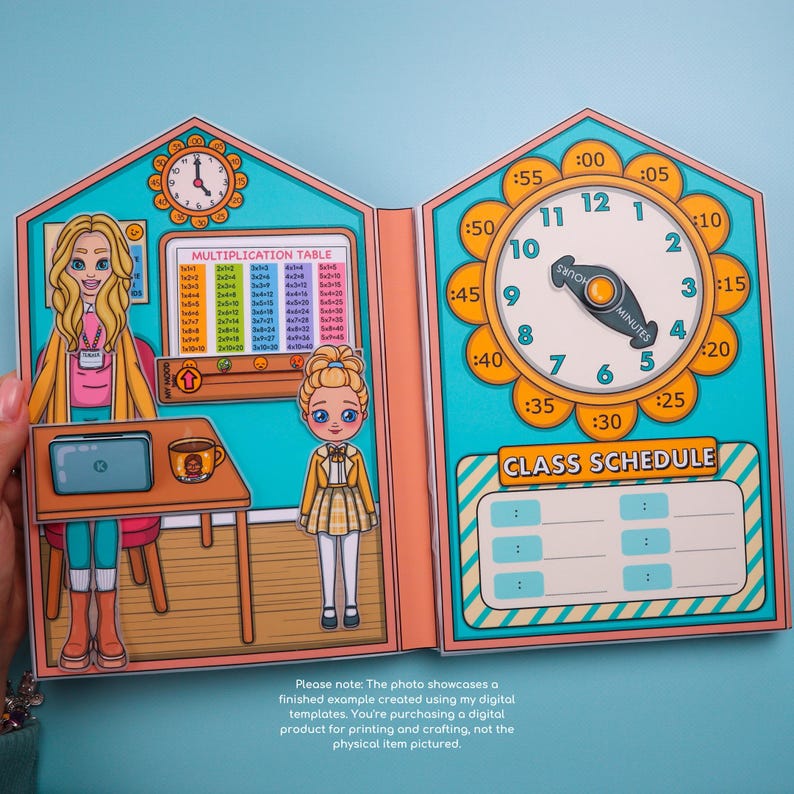 May include: A paper doll school playset with a clock, multiplication table, and class schedule. The clock shows the time with the hour and minute hands. The playset features illustrations of a teacher and student.