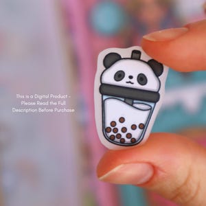 May include: A white and black panda bear boba tea cup sticker. The sticker has a panda face on top of the cup, with brown boba pearls inside. The text on the left says, "This is a Digital Product - Please Read the Full Description Before Purchase."