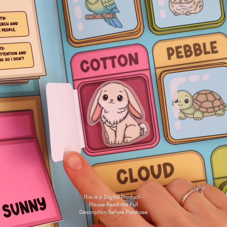 May include: A colorful educational chart featuring illustrations of animals and words. The word "COTTON" is displayed above a sticker of a bunny. The text "This is a Digital Product - Please Read the Full Description Before Purchase" is at the bottom.