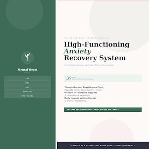 May include: Digital workbook titled "High-Functioning Anxiety Recovery System." The cover features text and design elements in shades of green, white, and pink. The workbook includes 37 pages with 25 named clinical techniques, a daily nervous system tracker, and a weekly reflection log.