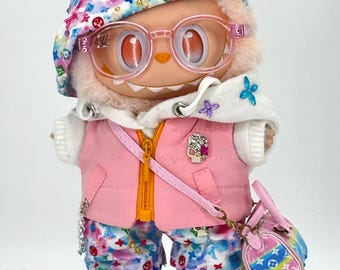 Rainbow Monogram Street Outfit – Pink Edition – Handmade Labubu Doll Clothes – One of a Kind