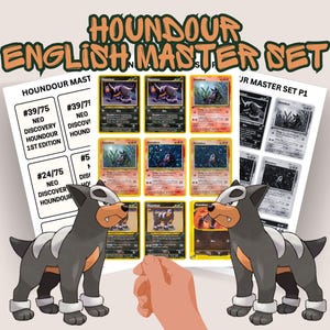 May include: A collection of Houndour trading cards displayed on white sheets with the text HOUNDOUR ENGLISH MASTER SET at the top. The cards feature various illustrations of the black and orange canine creature. Two Houndour figures flank the cards.
