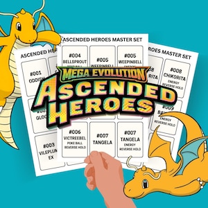 Può includere: Immagine vibrante con una creatura gialla simile a un drago e un set di carte Ascended Heroes. Le carte mostrano vari nomi e numeri di Pokémon, con il logo Mega Evolution in evidenza. Lo sfondo è di un turchese brillante.