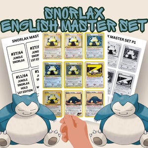 May include: A collection of Snorlax Pokémon cards, including Jungle Snorlax and Holo 1st Edition cards. The cards are displayed with the text "SNORLAX ENGLISH MASTER SET" and two Snorlax illustrations. The cards are in English.