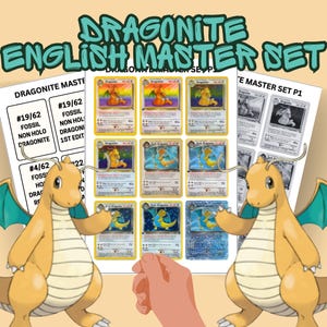 May include: A collection of Dragonite English Master Set trading cards, featuring various Dragonite illustrations. The cards are displayed with a cartoon Dragonite character on a light orange background. Text includes "Dragonite English Master Set".