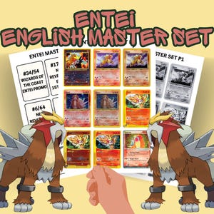 Puede incluir: Se muestra un Entei English Master Set, con varias cartas coleccionables de Pokémon. Las cartas son de varios colores, con el personaje Entei en un lugar destacado. El set incluye cartas de Wizards of the Coast.