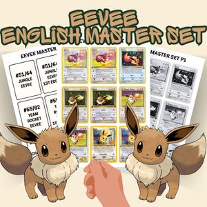 Könnte beinhalten: Eine Sammlung von Eevee-Sammelkarten auf weißen Blättern mit dem Text EEVEE ENGLISH MASTER SET. Die Karten zeigen verschiedene Eevee-Illustrationen in Farbe sowie in Schwarz-Weiß. Zwei Eevee-Cartoon-Figuren rahmen die zentrale Kartenansicht ein.