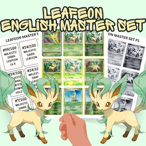 Könnte beinhalten: Eine Sammlung von Pokémon-Sammelkarten mit Leafeon, mit dem Text "LEAFEON ENGLISH MASTER SET". Die Karten sind grün, weiß und goldfarben, mit Illustrationen von Leafeon. Das Bild enthält zwei Leafeon-Figuren und mehrere Karten.