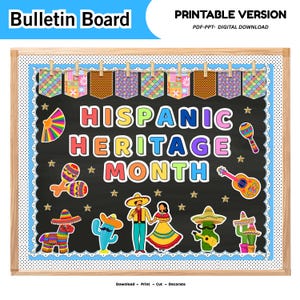 Op de afbeelding: Een digitaal prikbordontwerp voor de Hispanic Heritage Month met een zwarte achtergrond, kleurrijke tekst, een rij met patronen voorziene wimpels, een waaier, maracas, een gitaar, een piñata, cactussen met sombrero's en twee figuren in traditionele kleding.
