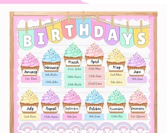 Kit per bacheca di compleanno a tema cupcake pastello / Materiale personalizzabile per l'allestimento della classe (download digitale)