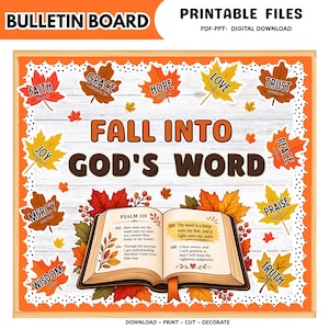 May include: A digital bulletin board display featuring the text FALL INTO GOD'S WORD, an open Bible with Psalm 119 verses, and various autumn leaves labeled with words like FAITH, GRACE, HOPE, LOVE, TRUST, JOY, PEACE, MERCY, PRAISE, and WISDOM.