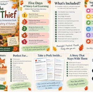 May include: A multi-page educational resource titled The Leaf Thief 5-Day EYFS Story Immersion Pack. The document features sections on story-led learning, curriculum areas, age-appropriate activities for ages 3-6, and planning guides for educators.