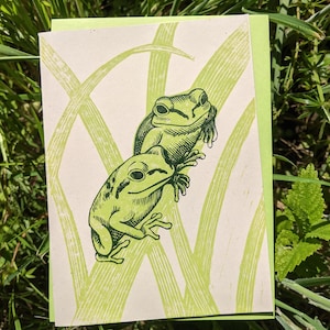 Chorus Frog Duo - Handprinted Linocut Greeting Card