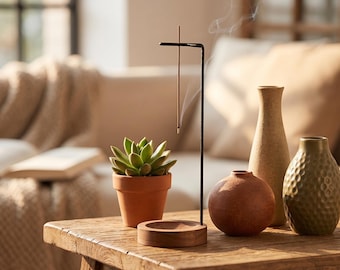 Porta incienso de madera de nogal, quemador de varillas de latón minimalista, decoración japonesa para el hogar