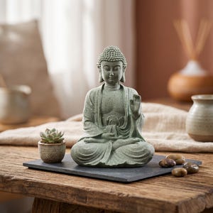 Op de afbeelding: Een serene, zittende Boeddha-beeld in een meditatieve houding, gemaakt van een gedempt groen steenachtig materiaal. Het beeld staat op een donkergrijze vierkante leisteen, vergezeld van een kleine potplant en gladde, afgeronde stenen. De scène roept een gevoel van vrede en rust op.