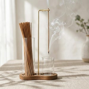 May include: A wooden incense holder with a brass arm holding a lit incense stick, releasing a stream of white smoke. A glass vase filled with incense sticks and a small glass cup sit on a wooden base. The setup is on a neutral-toned surface.