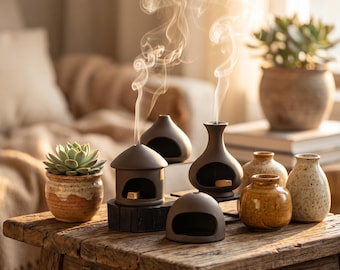 Soporte de arcilla púrpura para palo santo, quemador de salvia minimalista, atrapacenizas zen Japandi