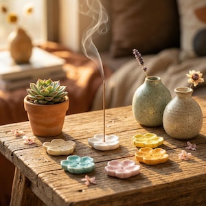 Porta incienso de cerámica, atrapacenizas con forma de flor de cerezo, decoración minimalista zen japonesa.