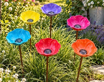 Stainless Steel Poppy Flower Bird Bath Garden Stake Butterfly Bee Feeder