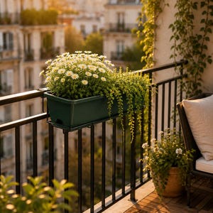May include: A rectangular dark green plastic planter box mounted on a black metal balcony railing, filled with white daisy flowers and trailing green foliage, positioned on a wooden deck with a view of city buildings in the background.