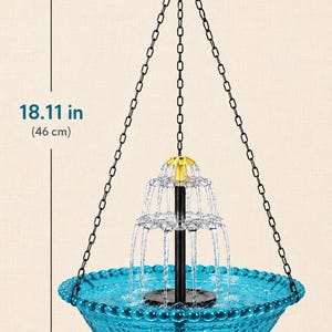 May include: A hanging bird bath fountain with a bright blue glass basin, a black central pump, and a yellow top nozzle. It features three black metal chains connected to a hook. The total height is 18.11 inches and the basin diameter is 9.25 inches.