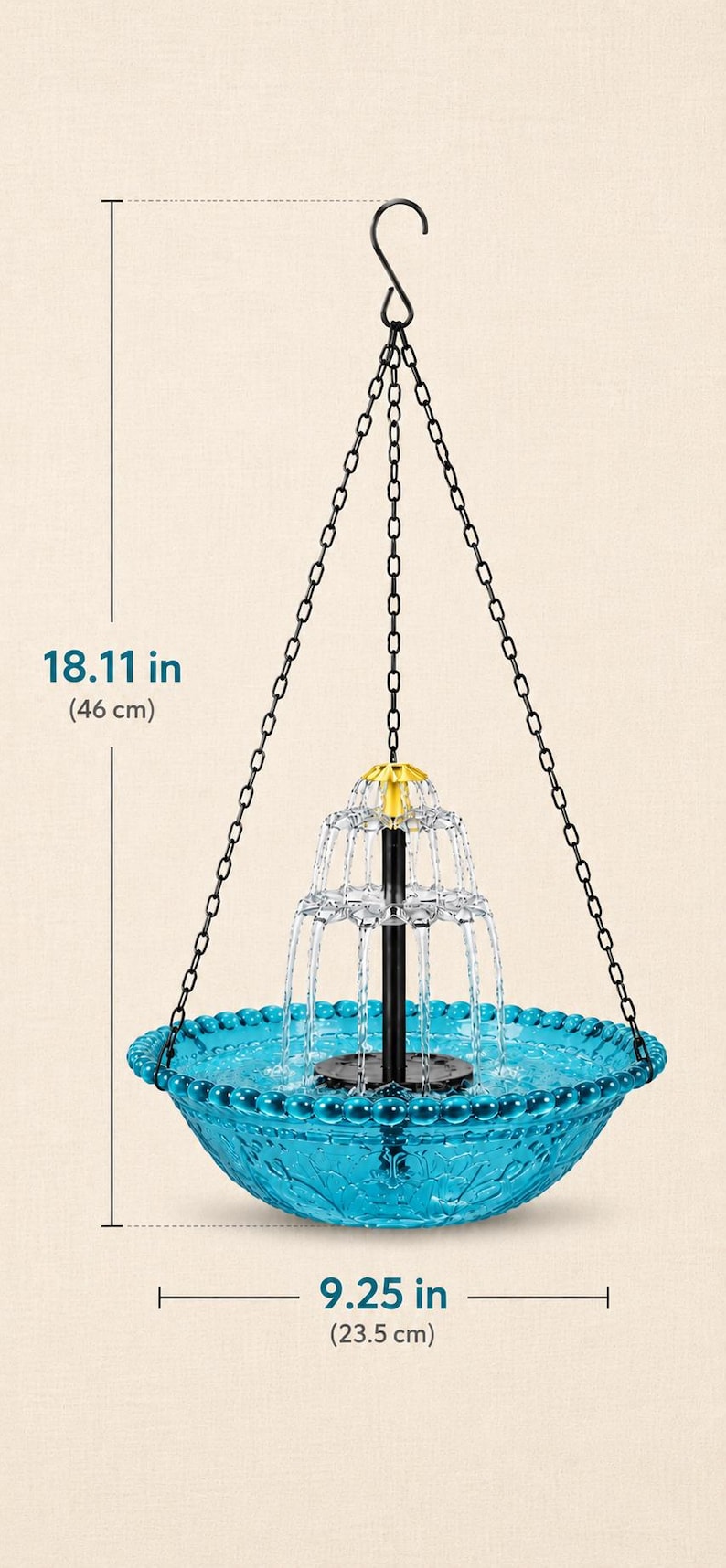 May include: A hanging bird bath fountain with a bright blue glass basin, a black central pump, and a yellow top nozzle. It features three black metal chains connected to a hook. The total height is 18.11 inches and the basin diameter is 9.25 inches.