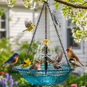 May include: A hanging bird bath featuring a tiered fountain in the center with a clear, textured blue glass basin. The fountain is suspended by black metal chains and is surrounded by several colorful birds, including a bluebird and a cardinal.