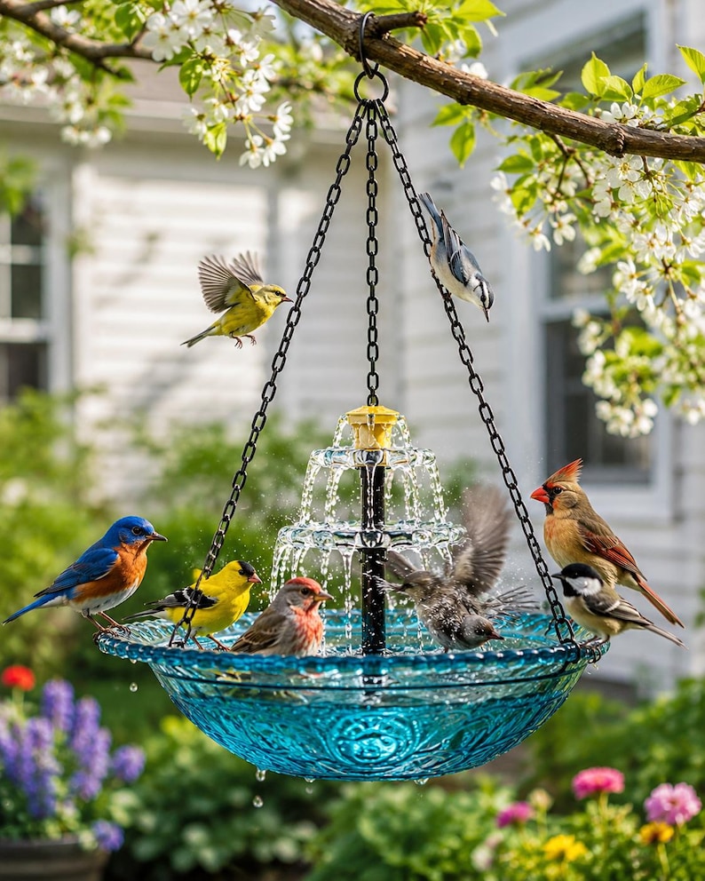 May include: A hanging bird bath featuring a tiered fountain in the center with a clear, textured blue glass basin. The fountain is suspended by black metal chains and is surrounded by several colorful birds, including a bluebird and a cardinal.