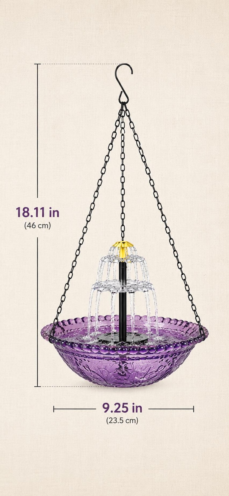 May include: A purple glass hanging bird bath fountain with a black central pillar and a yellow top nozzle. It features a black chain for suspension. The total height is 18.11 inches and the diameter of the bowl is 9.25 inches, as indicated.