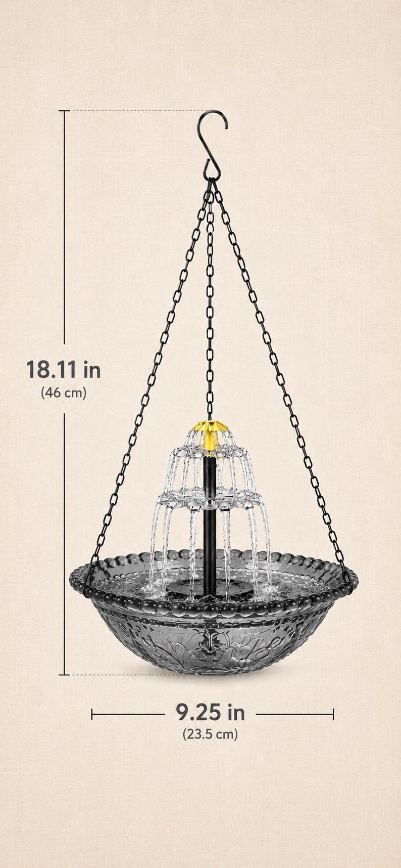 May include: A hanging water fountain with a dark gray glass bowl featuring a floral pattern, a black central pillar, and a gold-colored top piece. It includes black chains and a hook, measuring 18.11 inches in height and 9.25 inches in diameter.
