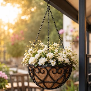 Faux Wrought Iron Style Hanging Planter Heart Design Durable Plastic with Coconut Liner and Flowers Balcony Garden Decor