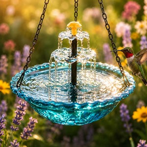 May include: A hanging bird bath fountain featuring a translucent blue glass bowl with a scalloped edge. A central tiered fountain mechanism with a yellow top cap sprays water into the basin. The unit is suspended by black metal chains.