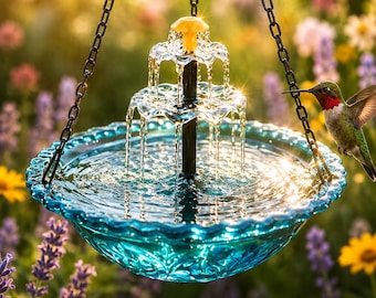 Solar Hanging Bird Bath Fountain Built-in Pump Cascade Jet 60cm UV Resistant Plastic Garden Balcony Patio Hummingbird Decor