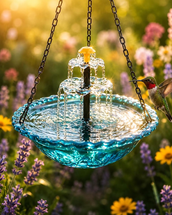 Solar Hanging Bird Bath Fountain Built-in Pump Cascade Jet 60cm UV Resistant Plastic Garden Balcony Patio Hummingbird Decor