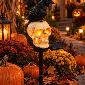May include: A solar-powered garden stake featuring a realistic black raven perched atop a beige human skull. The skull has hollow eye sockets and a nasal cavity that emit a warm, glowing light. A small black solar panel is attached to the side.