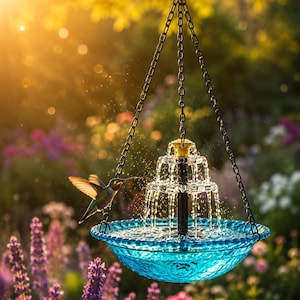 Solar Hanging Bird Bath Fountain Built-in Pump Cascade Jet 60cm UV Resistant Plastic Garden Balcony Patio Hummingbird Decor image 4