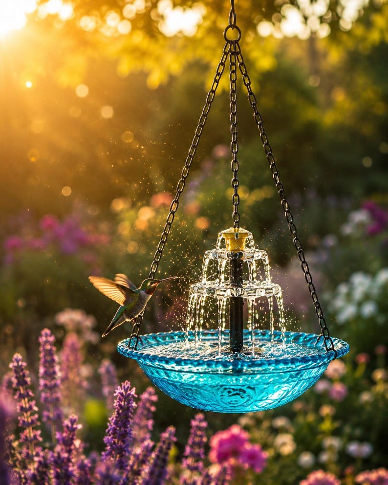 Solar Hanging Bird Bath Fountain Built-in Pump Cascade Jet 60cm UV Resistant Plastic Garden Balcony Patio Hummingbird Decor image 4