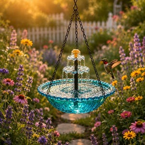 May include: A hanging tiered water fountain made of blue pressed glass with a scalloped rim, suspended by a black metal chain. The fountain features a central pillar with two tiers and a yellow top nozzle, with water cascading into the basin.
