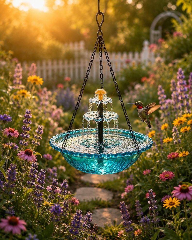 May include: A hanging tiered water fountain made of blue pressed glass with a scalloped rim, suspended by a black metal chain. The fountain features a central pillar with two tiers and a yellow top nozzle, with water cascading into the basin.