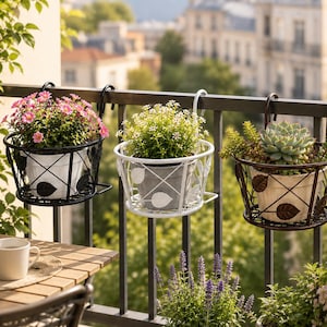 Hanging Balcony Basket Metal Leaf Design, Railing Flower Pot Holder, Garden Plant Hanger Decor