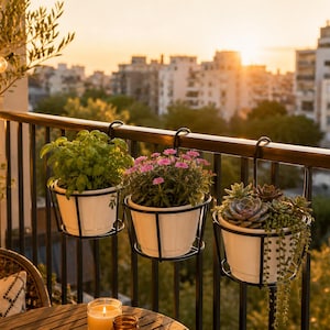 May include: Three white cylindrical plant pots held by black metal frames hanging from a black balcony railing. The pots contain green basil, pink flowers, and various succulents. The scene is set against a blurred urban sunset background.